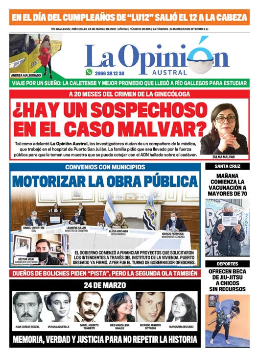 Diario La Opinión Austral tapa edición impresa del 24 de marzo de 2021 Río Gallegos, Santa Cruz, Argentina