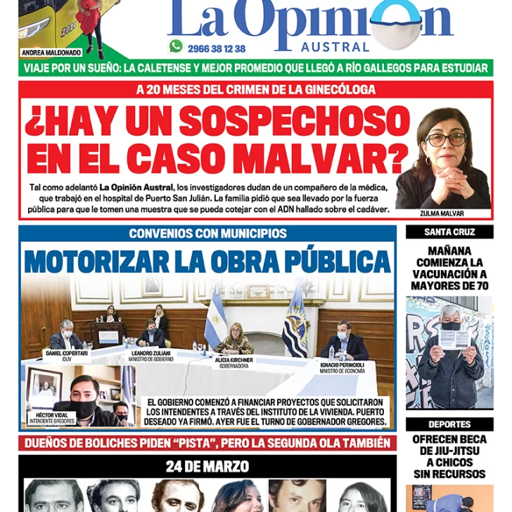 Diario La Opinión Austral tapa edición impresa del 24 de marzo de 2021 Río Gallegos, Santa Cruz, Argentina