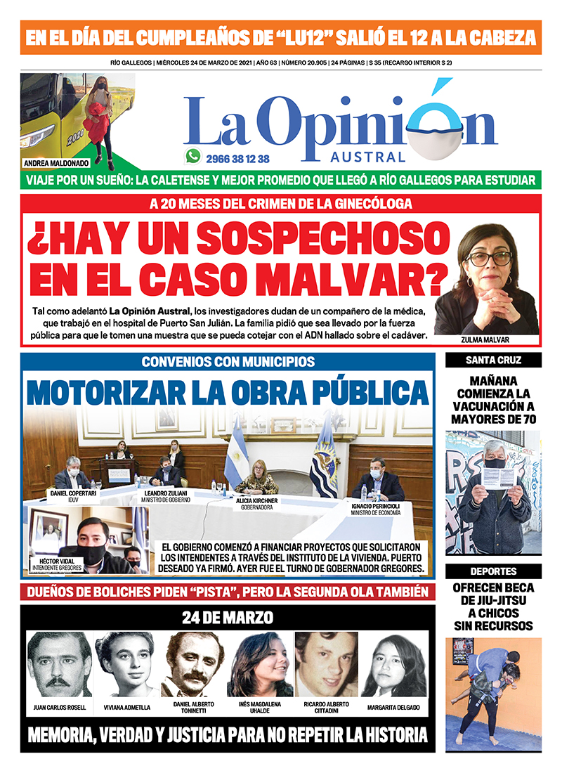 Diario La Opinión Austral tapa edición impresa del 24 de marzo de 2021 Río Gallegos, Santa Cruz, Argentina