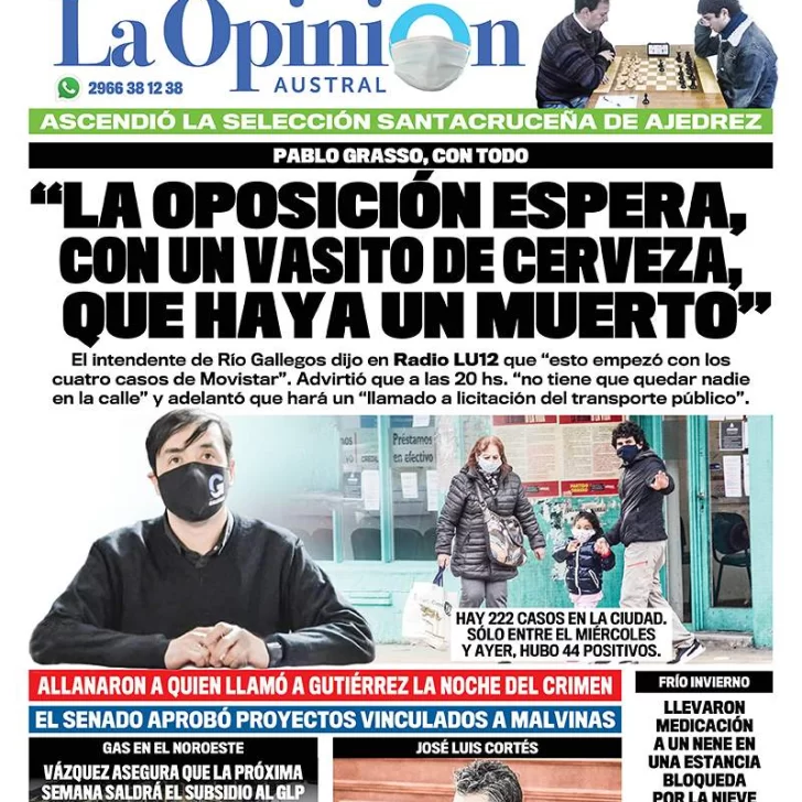 Diario La Opinión Austral edición impresa del 24 de julio de 2020, Santa Cruz, Argentina