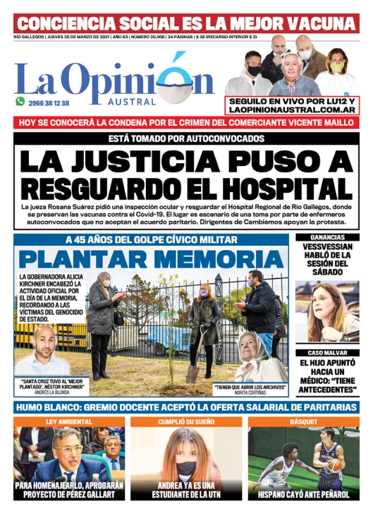 Diario La Opinión Austral tapa edición impresa del 25 de marzo de 2021 Río Gallegos, Santa Cruz, Argentina
