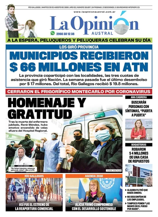 Diario La Opinión Austral edición impresa del 25 de agosto de 2020, Santa Cruz, Argentina