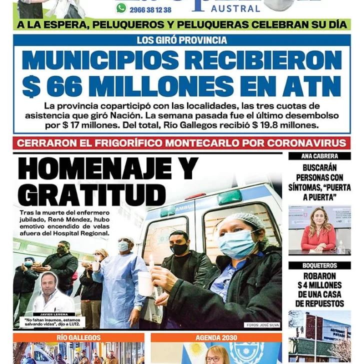 Diario La Opinión Austral edición impresa del 25 de agosto de 2020, Santa Cruz, Argentina