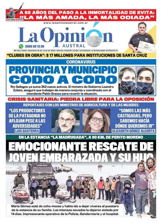 Diario La Opinión Austral edición impresa del 26 de julio de 2020, Santa Cruz, Argentina