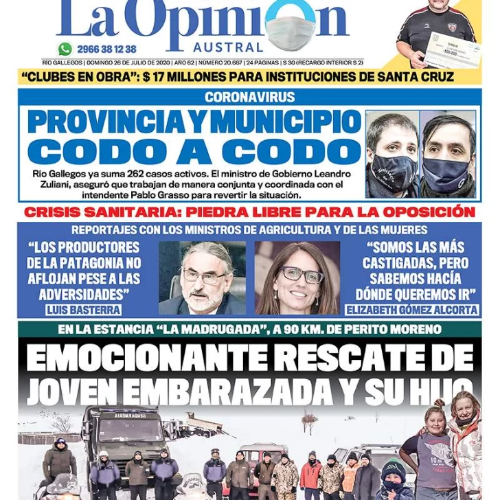 Diario La Opinión Austral edición impresa del 26 de julio de 2020, Santa Cruz, Argentina