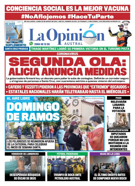 Diario La Opinión Austral tapa edición impresa del 29 de marzo de 2021 Río Gallegos, Santa Cruz, Argentina