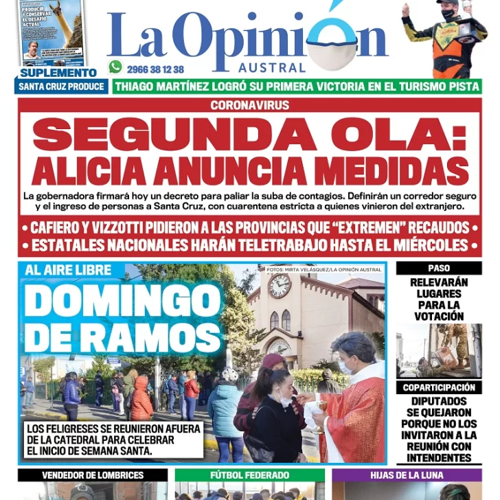 Diario La Opinión Austral tapa edición impresa del 29 de marzo de 2021 Río Gallegos, Santa Cruz, Argentina