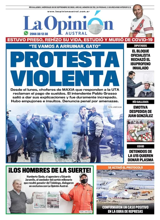 Diario La Opinión Austral tapa edición impresa del 30 de septiembre de 2020, Río Gallegos, Santa Cruz, Argentina