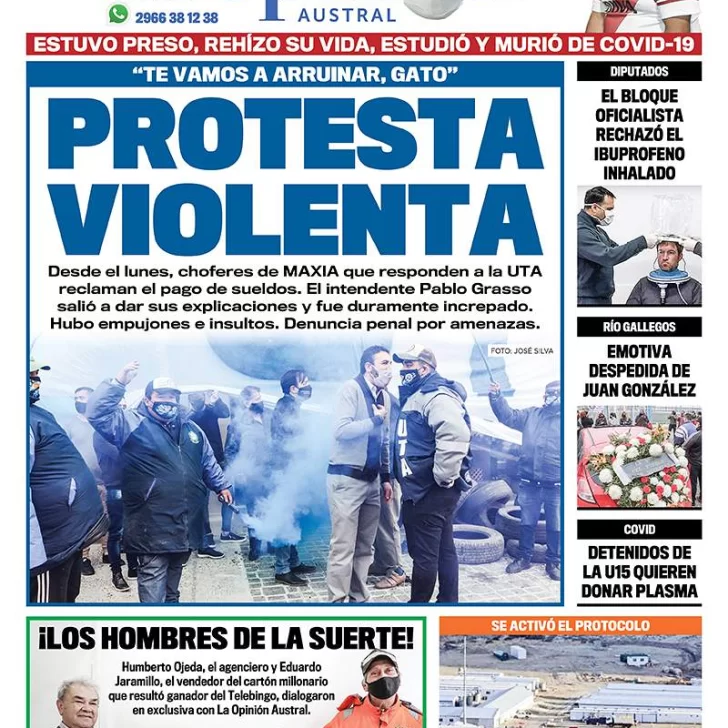 Diario La Opinión Austral tapa edición impresa del 30 de septiembre de 2020, Río Gallegos, Santa Cruz, Argentina