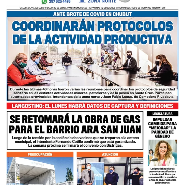 Diario La Opinión Zona Norte tapa edición impresa del 18 de junio de 2020, Santa Cruz, Argentina