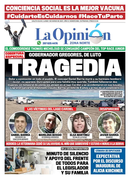 Diario La Opinión Zona Norte tapa edición impresa del 1 de marzo de 2021, Santa Cruz, Argentina