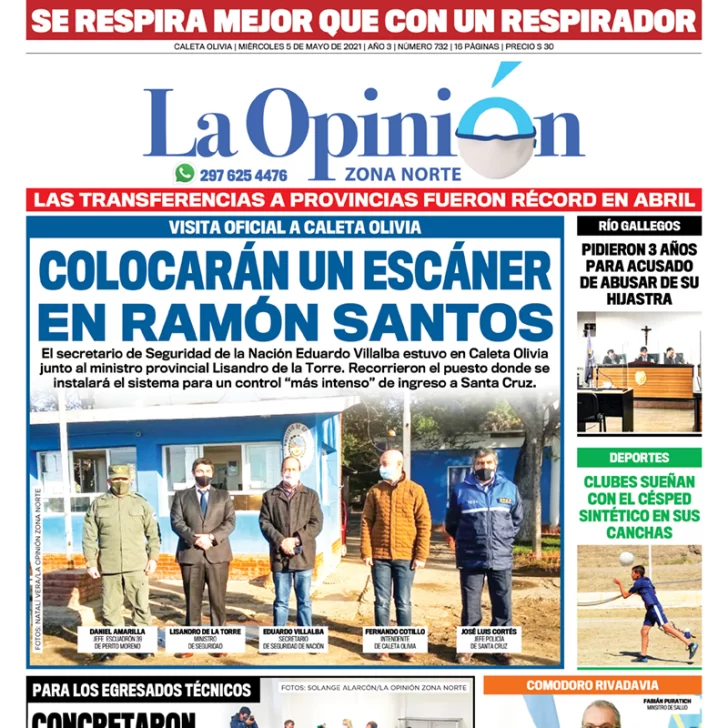 Diario La Opinión Zona Norte tapa edición impresa del 5 de mayo de 2021, Río Gallegos, Santa Cruz, Argentina
