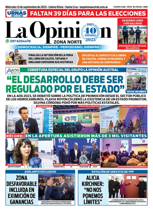 Diario La Opinión Zona Norte tapa edición impresa del miércoles 13 de septiembre de 2023, Caleta Olivia, Santa Cruz, Argentina