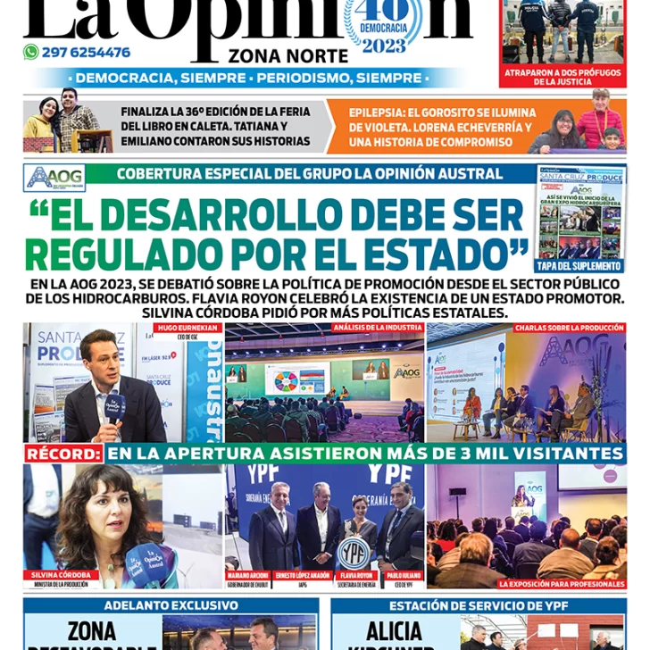 Diario La Opinión Zona Norte tapa edición impresa del miércoles 13 de septiembre de 2023, Caleta Olivia, Santa Cruz, Argentina