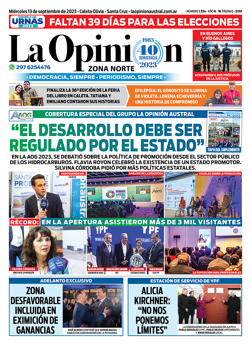 Diario La Opinión Zona Norte tapa edición impresa del miércoles 13 de septiembre de 2023, Caleta Olivia, Santa Cruz, Argentina