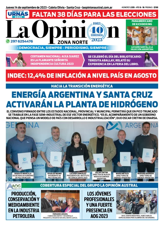 Diario La Opinión Zona Norte tapa edición impresa del jueves 14 de septiembre de 2023, Caleta Olivia, Santa Cruz, Argentina