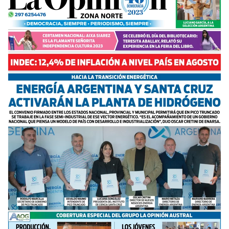 Diario La Opinión Zona Norte tapa edición impresa del jueves 14 de septiembre de 2023, Caleta Olivia, Santa Cruz, Argentina