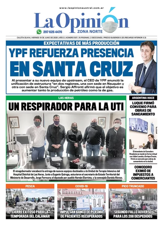 Diario La Opinión Zona Norte tapa edición impresa del 19 de junio de 2020, Santa Cruz, Argentina