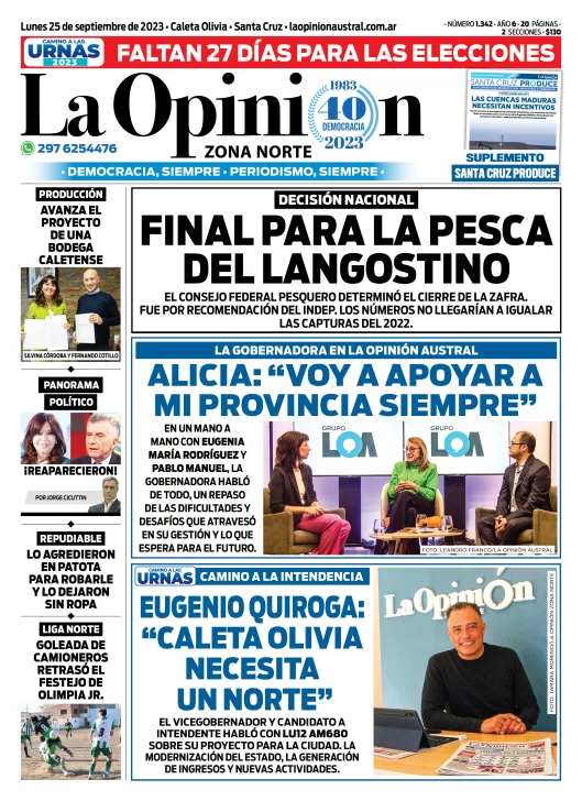 Diario La Opinión Zona Norte tapa edición impresa del lunes 25 de septiembre de 2023, Caleta Olivia, Santa Cruz, Argentina
