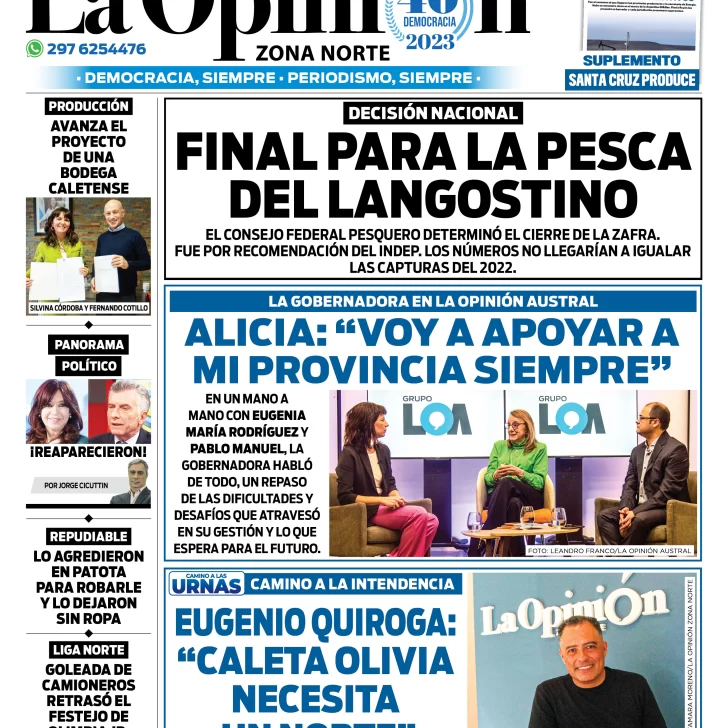Diario La Opinión Zona Norte tapa edición impresa del lunes 25 de septiembre de 2023, Caleta Olivia, Santa Cruz, Argentina