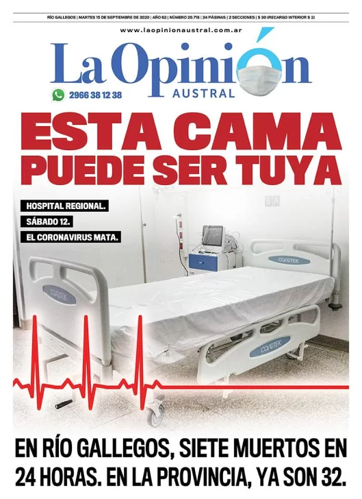 Diario La Opinión Austral tapa edición impresa del 15 de septiembre de 2020, Santa Cruz, Argentina
