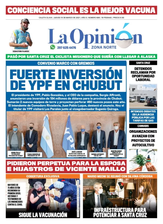 Diario La Opinión Zona Norte tapa edición impresa del 18 de marzo de 2021, Río Gallegos, Santa Cruz, Argentina