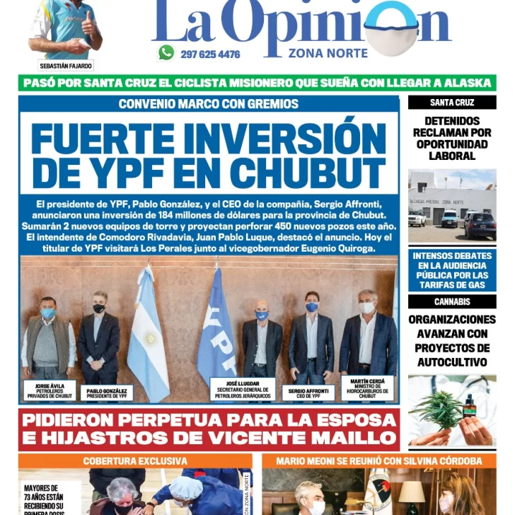 Diario La Opinión Zona Norte tapa edición impresa del 18 de marzo de 2021, Río Gallegos, Santa Cruz, Argentina