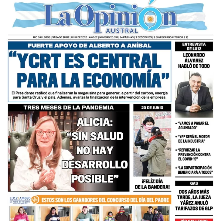 Diario La Opinión Austral edición impresa del 20 de junio de 2020, Santa Cruz, Argentina