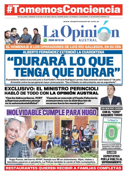 Diario La Opinión Austral edición impresa del 24 de mayo de 2020, Santa Cruz, Argentina