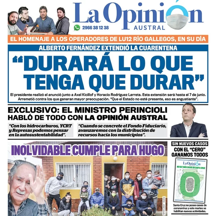 Diario La Opinión Austral edición impresa del 24 de mayo de 2020, Santa Cruz, Argentina