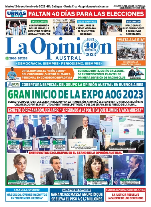 Diario La Opinión Austral tapa edición impresa del martes 12 de septiembre de 2023, Río Gallegos, Santa Cruz, Argentina