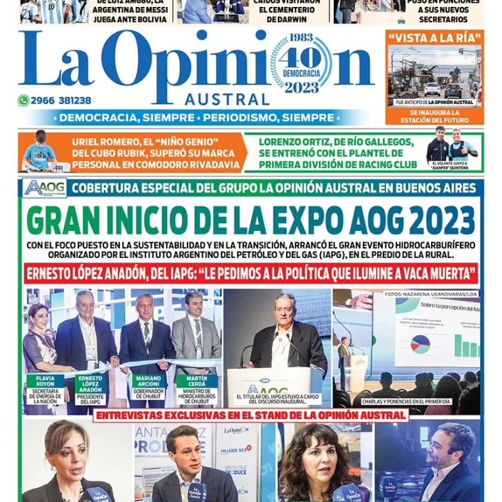 Diario La Opinión Austral tapa edición impresa del martes 12 de septiembre de 2023, Río Gallegos, Santa Cruz, Argentina