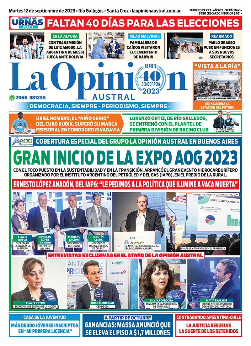 Diario La Opinión Austral tapa edición impresa del martes 12 de septiembre de 2023, Río Gallegos, Santa Cruz, Argentina