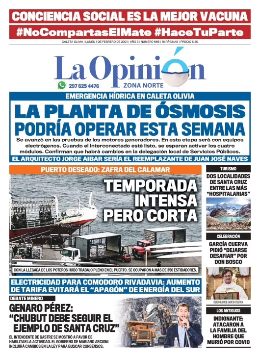 Diario La Opinión Zona Norte tapa edición impresa del 1 de febrero de 2021, Santa Cruz, Argentina