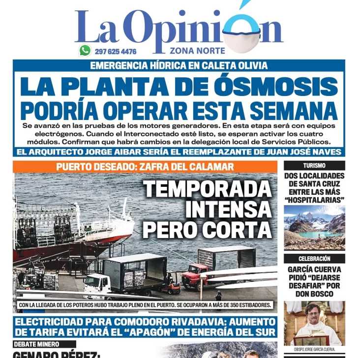 Diario La Opinión Zona Norte tapa edición impresa del 1 de febrero de 2021, Santa Cruz, Argentina