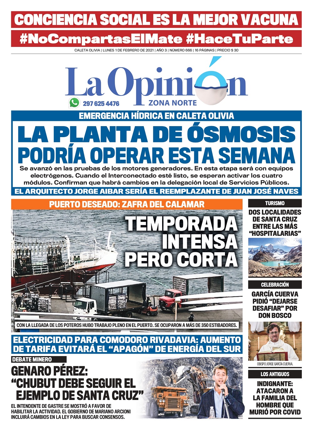 Diario La Opinión Zona Norte tapa edición impresa del 1 de febrero de 2021, Santa Cruz, Argentina