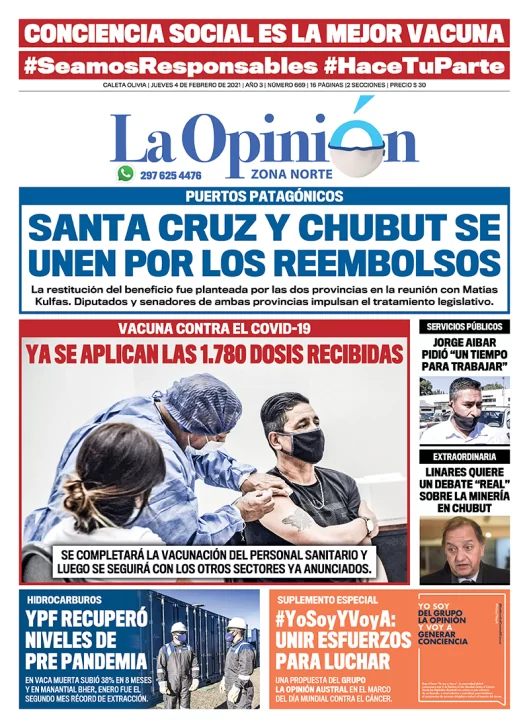 Diario La Opinión Zona Norte tapa edición impresa del 4 de febrero de 2021, Santa Cruz, Argentina