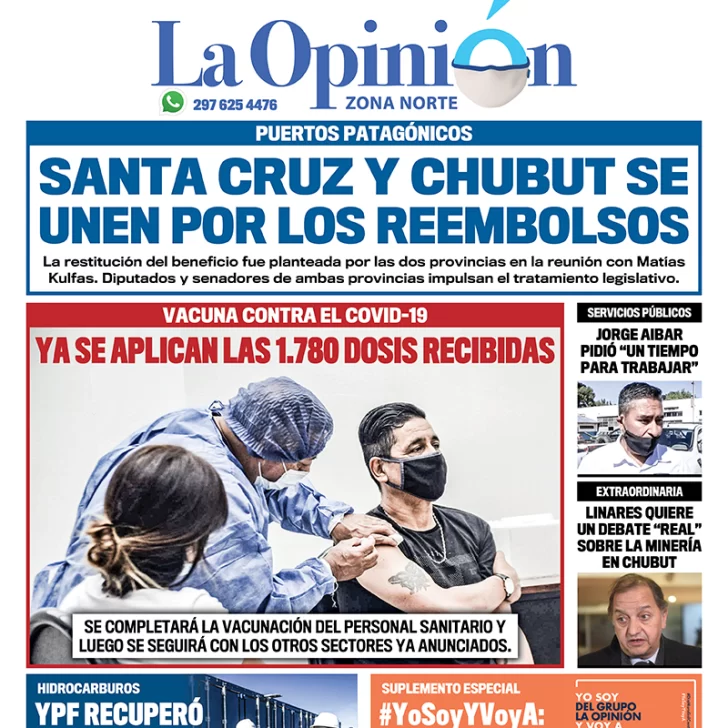 Diario La Opinión Zona Norte tapa edición impresa del 4 de febrero de 2021, Santa Cruz, Argentina