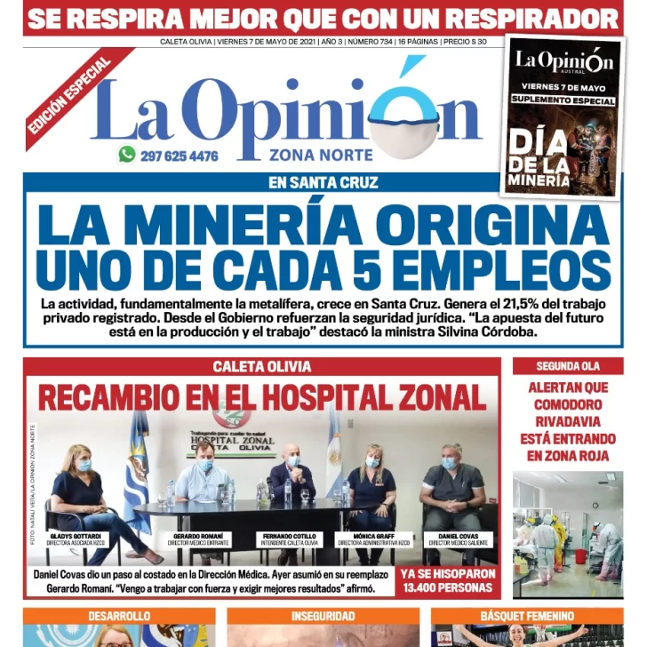 Diario La Opinión Zona Norte tapa edición impresa del 7 de mayo de 2021, Río Gallegos, Santa Cruz, Argentina