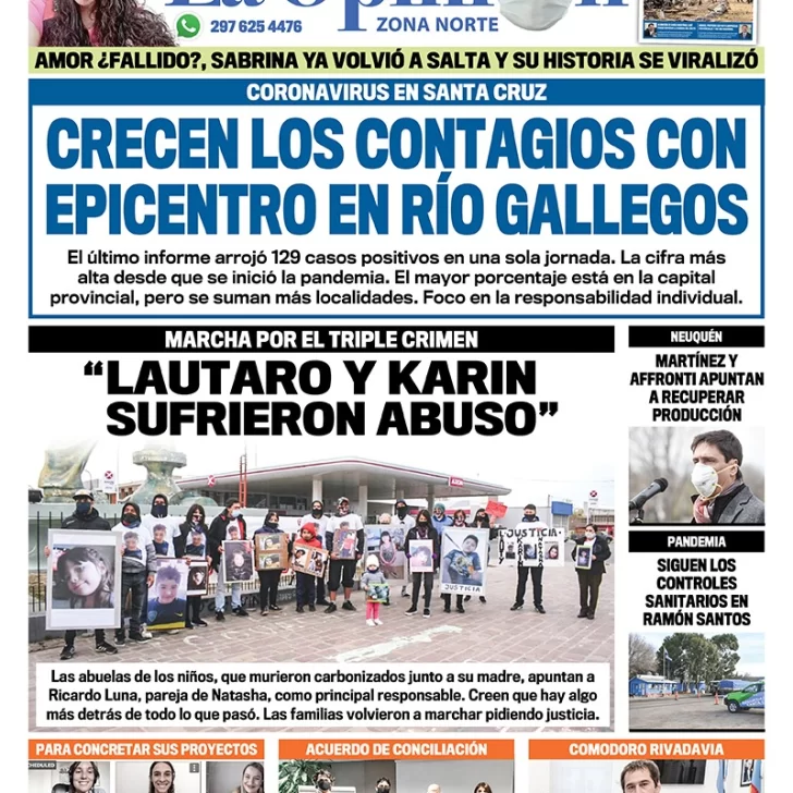 Diario La Opinión Zona Norte tapa edición impresa del 7 de septiembre de 2020, Santa Cruz, Argentina