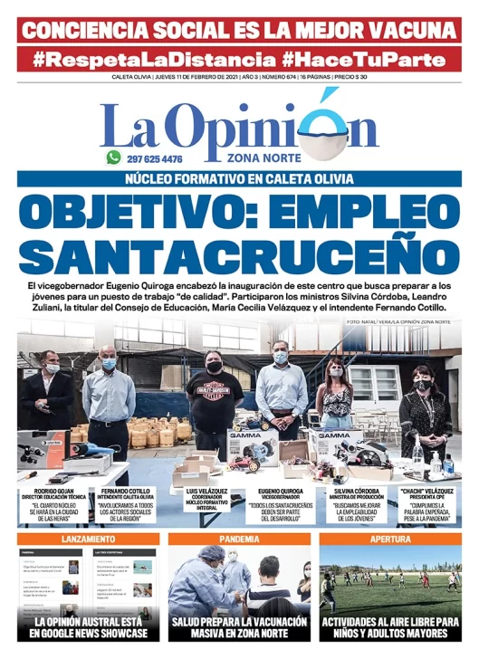 Diario La Opinión Zona Norte tapa edición impresa del 11 de febrero de 2021, Santa Cruz, Argentina