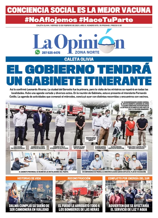 Diario La Opinión Zona Norte tapa edición impresa del 12 de febrero de 2021, Santa Cruz, Argentina