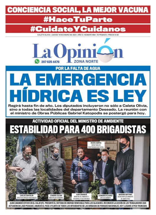 Diario La Opinión Zona Norte tapa edición impresa del 14 de enero de 2021, Santa Cruz, Argentina
