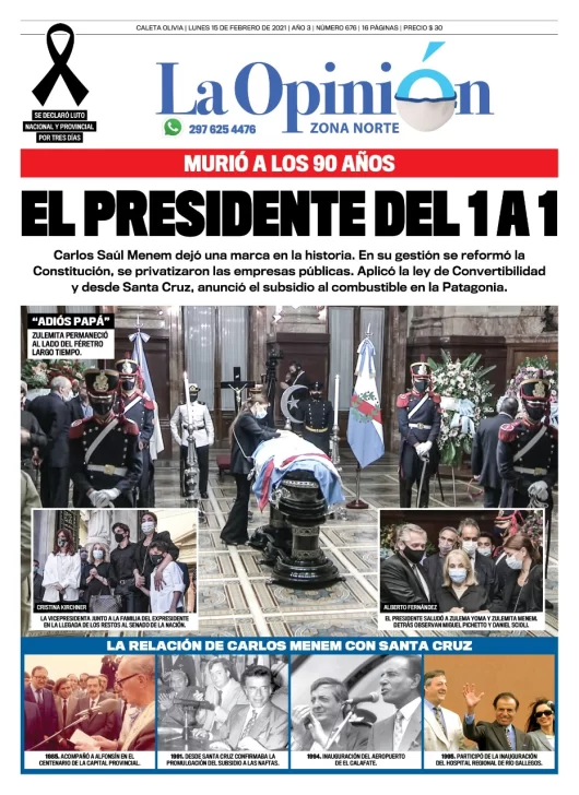 Diario La Opinión Zona Norte tapa edición impresa del 15 de febrero de 2021, Santa Cruz, Argentina