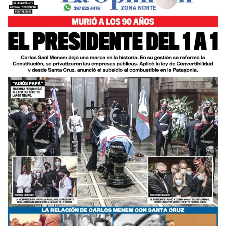 Diario La Opinión Zona Norte tapa edición impresa del 15 de febrero de 2021, Santa Cruz, Argentina