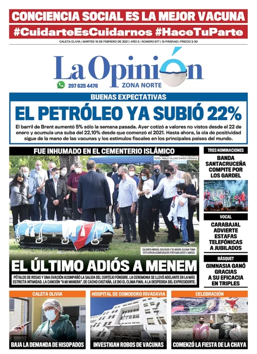 Diario La Opinión Zona Norte tapa edición impresa del 16 de febrero de 2021, Santa Cruz, Argentina