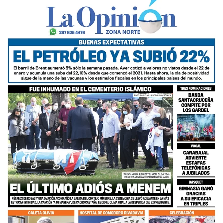 Diario La Opinión Zona Norte tapa edición impresa del 16 de febrero de 2021, Santa Cruz, Argentina