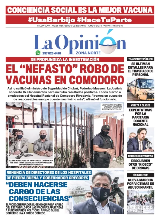 Diario La Opinión Zona Norte tapa edición impresa del 18 de febrero de 2021, Santa Cruz, Argentina