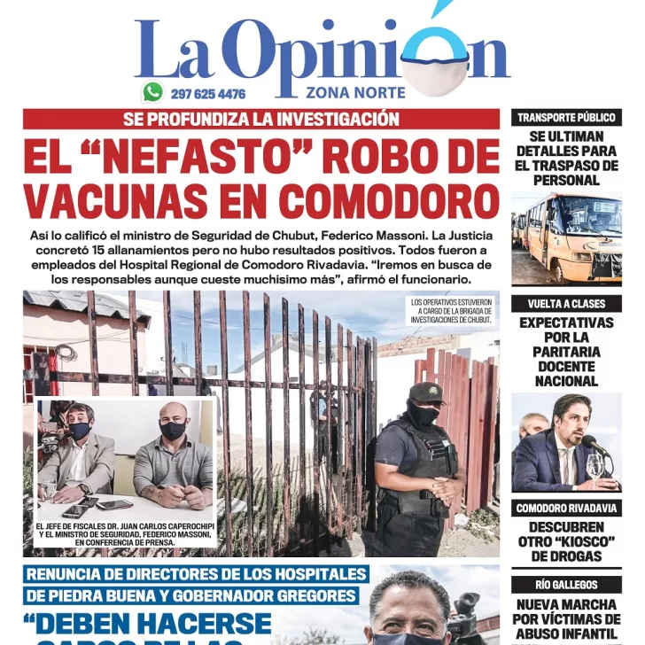 Diario La Opinión Zona Norte tapa edición impresa del 18 de febrero de 2021, Santa Cruz, Argentina