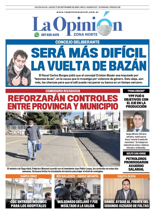 Diario La Opinión Zona Norte tapa edición impresa del 17 de septiembre de 2020, Santa Cruz, Argentina
